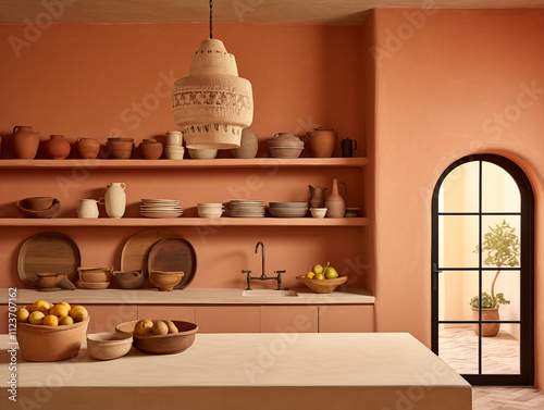 Nomadic style kitchen with shelves and pottery in earthy tones. Tribal style kitchen interior. Prairie style kitchen interior. photo