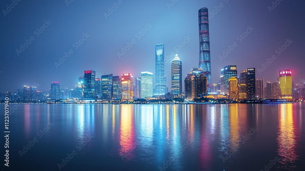 Fototapeta premium Night cityscape skyline reflecting on water.