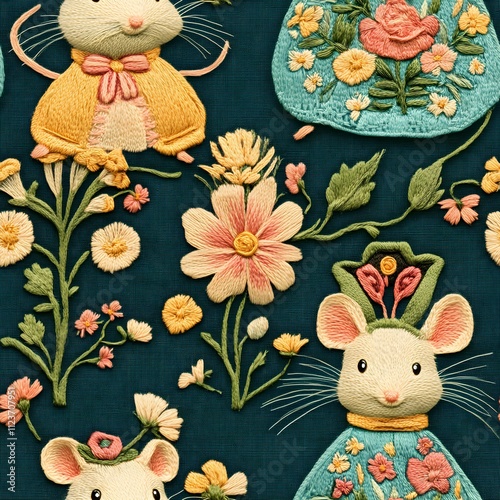 Semless embroidered cute mouse and flowers pattern