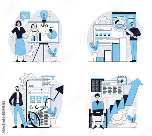 Seo analysis concept set in flat design for web. Collection with people making data site analysis, researching statistic graphs on screen, increasing traffic and raising page up. Vector illustrations.