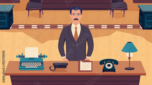 Vintage Office Interior With Man and Desk