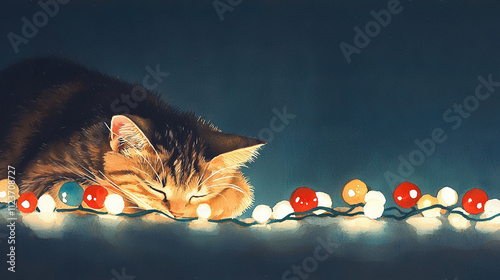   A painting captures a feline slumbering atop a string of holiday twinkling lights, with its head resting gently at the cord's terminus (37 tokens