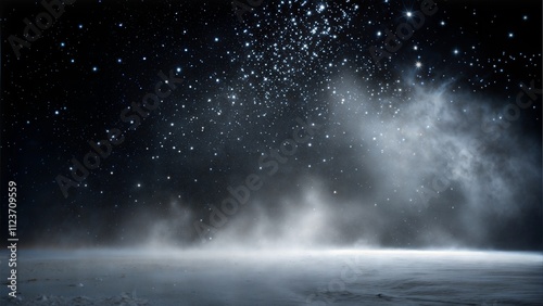 Million of Star Dust, Photo image of falling down shower rain snow, heavy snows storm flying. Freeze shot on black background isolated overlay. Spray water fog smoke as star particle on wind