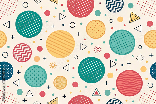 Abstract geometric seamless pattern with colorful circles, triangles, and other shapes on a light beige background.