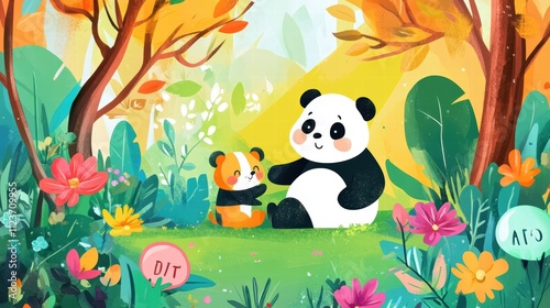 A cartoon of a panda and a baby panda hugging. Illustration photo