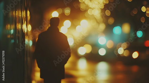 Night cityscape, silhouette of person, blurred bokeh lights, moody atmosphere, cinematic, film grain, urban loneliness, neon glow, reflective surfaces, rainy street, nostalgic, retro aesthetic, shallo photo