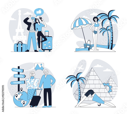 Travelling concept set in flat design for web. Collection with people go in vacation in France or Egypt, visiting sea beach, hiking and trekking, resting in trip and sightseeing. Vector illustrations.