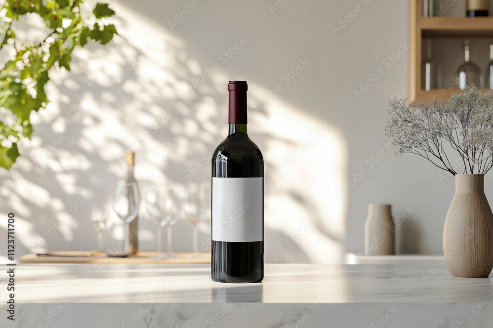 Customizable wine bottle mockup standing on a marble table in a modern kitchen, with wine glasses and a vase in the background Customizable wine bottle mockup standing on a marble table in a modern kitchen, with wine glasses and a vase in the background