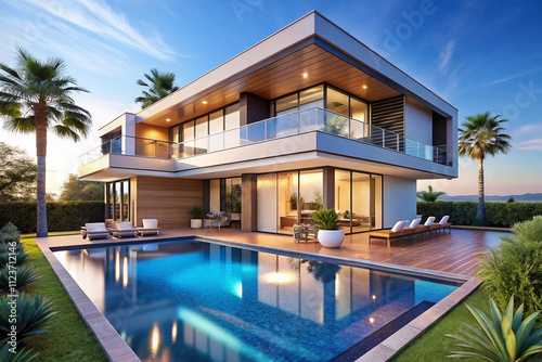 Wallpaper Mural Modern luxury villa with infinity pool at sunset. Torontodigital.ca