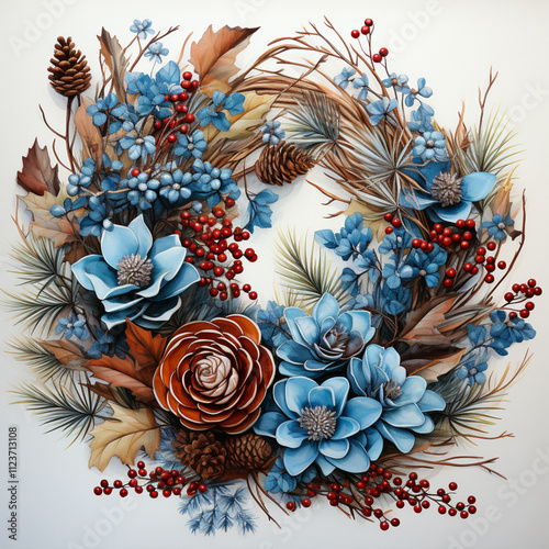 a watercolor wreath with pinecones and cranberries at its center, ,.  photo