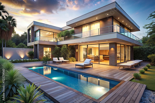 Wallpaper Mural Modern luxury house with pool and deck at sunset. (1) Torontodigital.ca