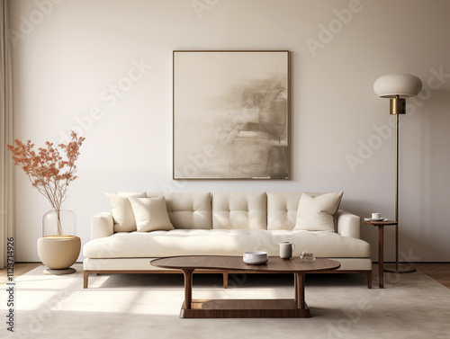 Modern minimalist simple living room interior in neutral colors. Beige couch and natural wood coffee table. 