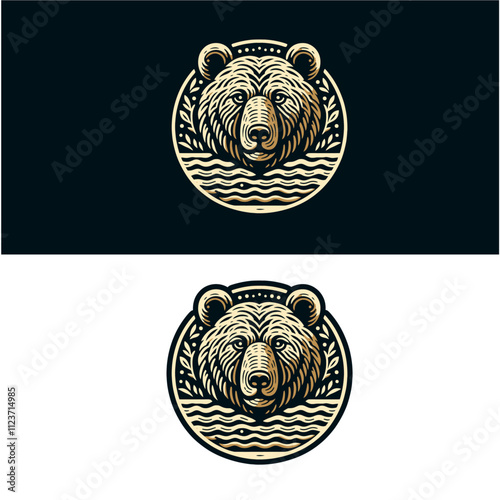 Detailed bear emblem with a circular design, showcasing intricate line art for a bold and elegant look. Suitable for logos, branding, and outdoor-themed designs. Isolated vector illustration.