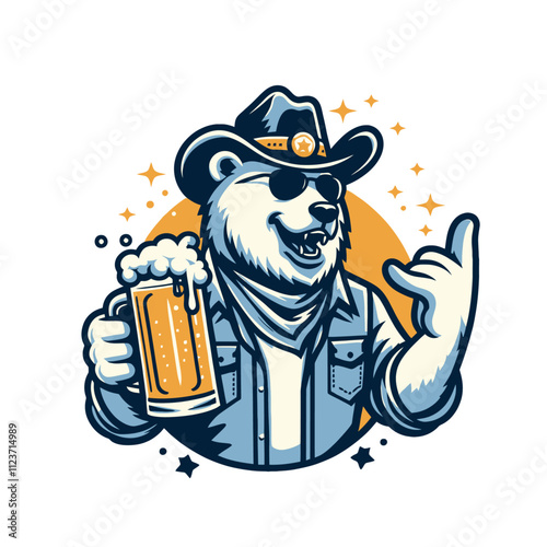 Cool bear in a cowboy hat and sunglasses, holding a frothy beer mug and making a rock hand gesture. A fun and stylish pub-themed design. Isolated vector illustration.
