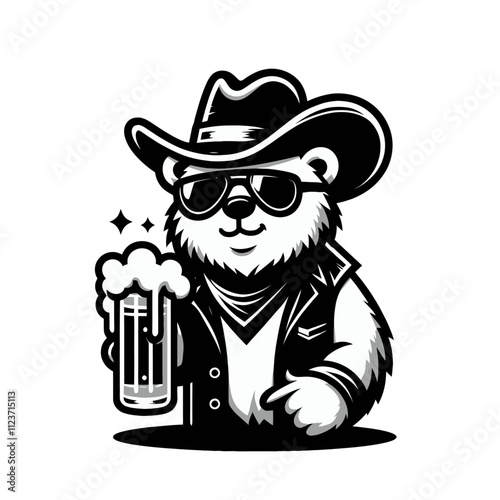 A stylish bear in sunglasses and a leather jacket holding a beer mug, ideal for modern bar logos, party designs, or trendy branding concepts. Isolated vector illustration on a white background. photo