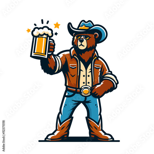 A full-body bear dressed as a cowboy holding a mug of beer, ideal for bar branding, party designs, or western-themed concepts. Isolated vector illustration on a white background, fun and festive.