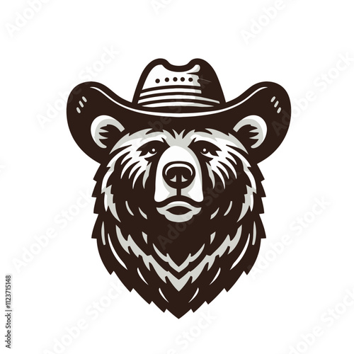 A front-facing bear wearing a cowboy hat in a bold and detailed style, suitable for logos, emblems, or western-themed projects. Isolated vector illustration on a white background, great for branding.