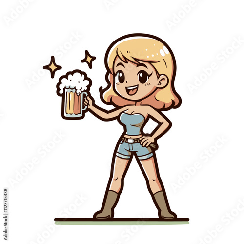 Cheerful blonde woman in denim shorts and boots, holding a frothy beer mug with a confident smile. A playful and vibrant design for pubs, parties, and festive themes. Isolated vector illustration.