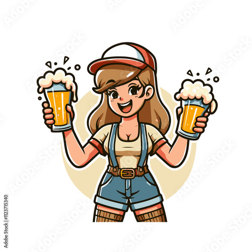 Cheerful woman in a cap holding two frothy beer mugs, dressed in casual overalls and stockings. A vibrant and fun design for pubs, parties, and festive themes. Isolated vector illustration.