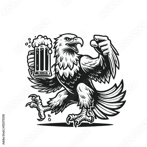 Dynamic eagle in monochrome holding a frothy beer mug, raising its claw with energy. A bold and classic design for pubs, celebrations, and action themes. Isolated vector illustration.