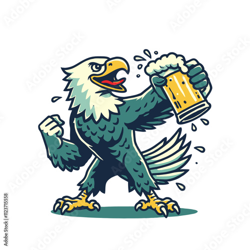 Dynamic eagle holding a frothy beer mug, raising its fist in excitement. A bold and energetic design for pubs, parties, and celebration themes. Isolated vector illustration.