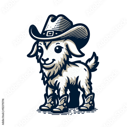 Cute goat in a cowboy hat and boots, standing confidently with a friendly expression. A playful and charming design for western and farm themes. Isolated vector illustration.