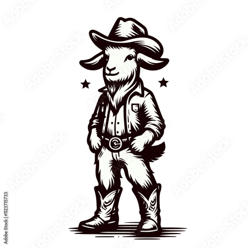 Stylish goat dressed as a cowboy, complete with boots, hat, and a confident stance. A bold and humorous design for western and adventure themes. Isolated vector illustration.