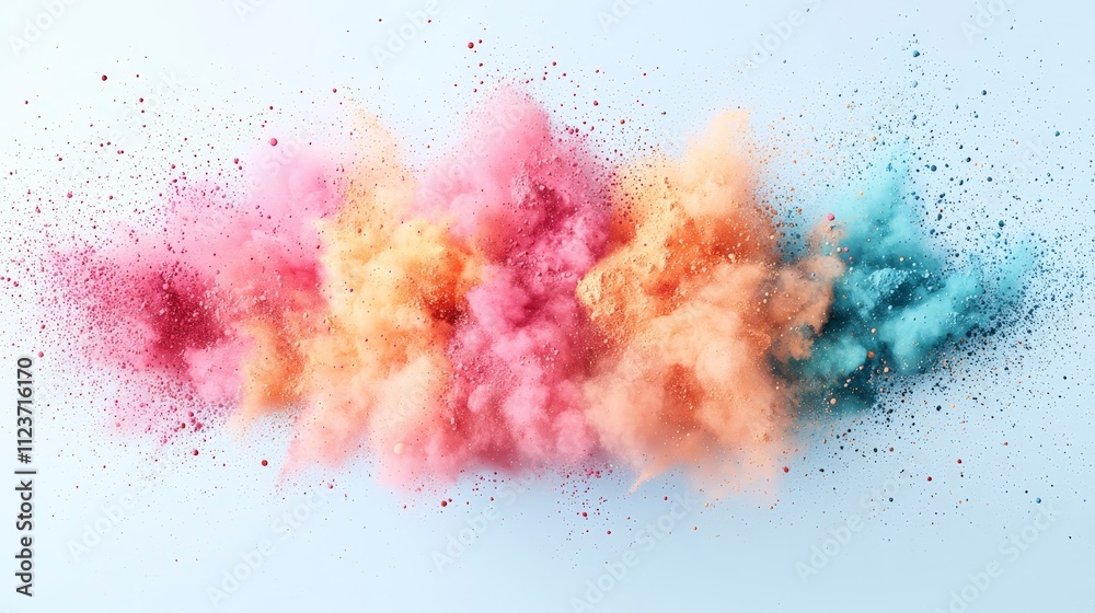 Obraz premium A vibrant explosion of colored powder creates a playful and dynamic scene, showcasing hues of pink, orange, and blue against a light background.
