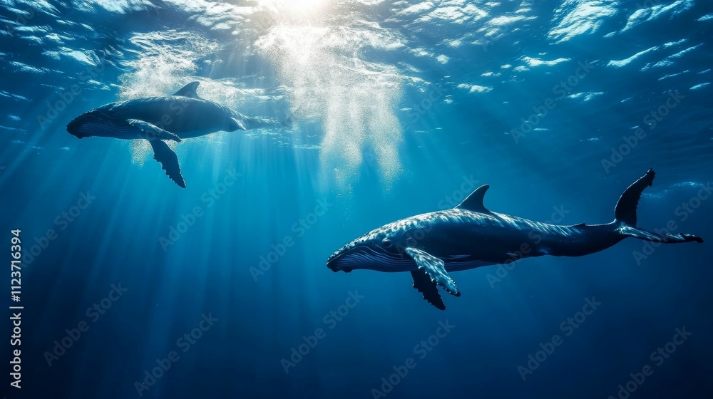 Obraz premium Two whales swim, sunlit ocean depths.