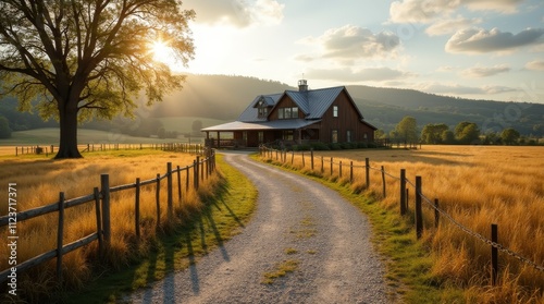 Rustic Gravel Walkway to Cozy Farmhouse in Rolling Hills