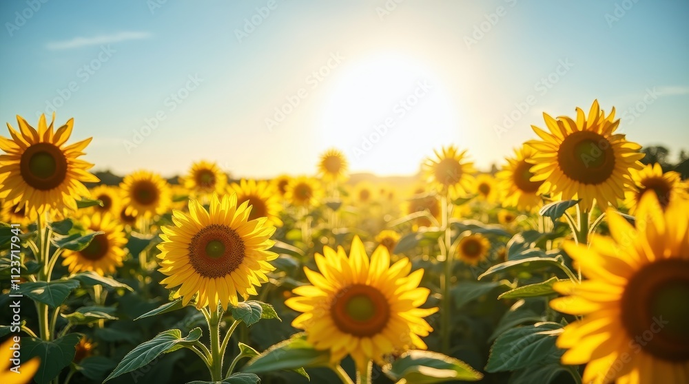 Obraz premium Vast Sunflower Field Under a Bright Summer Sun