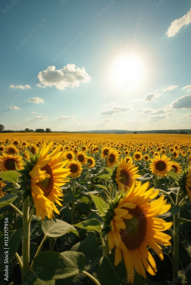 Fototapeta premium Vast Sunflower Field under a Bright Summer Sun