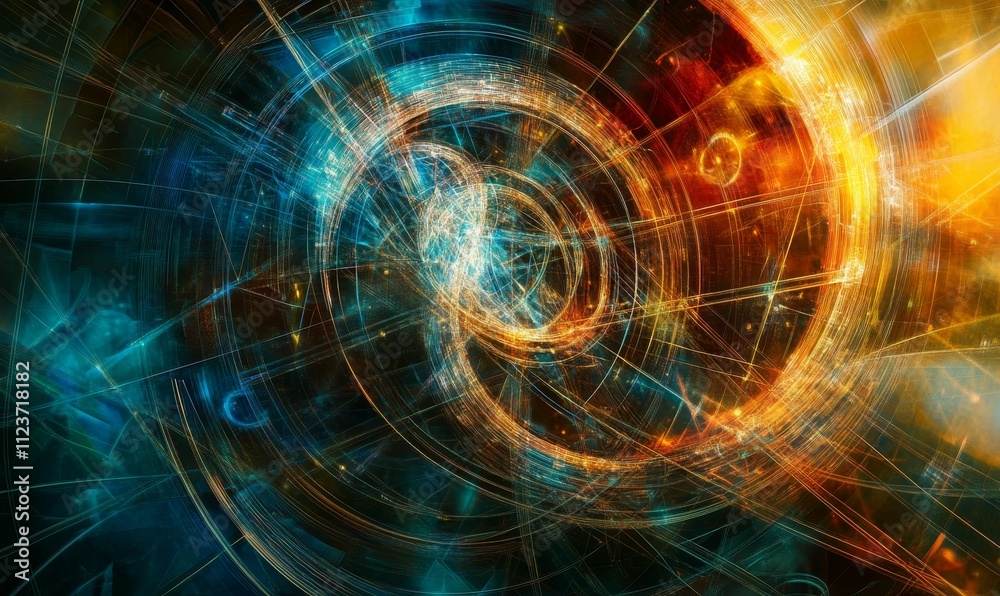Obraz premium Abstract swirling lines, vibrant teal, orange hues.