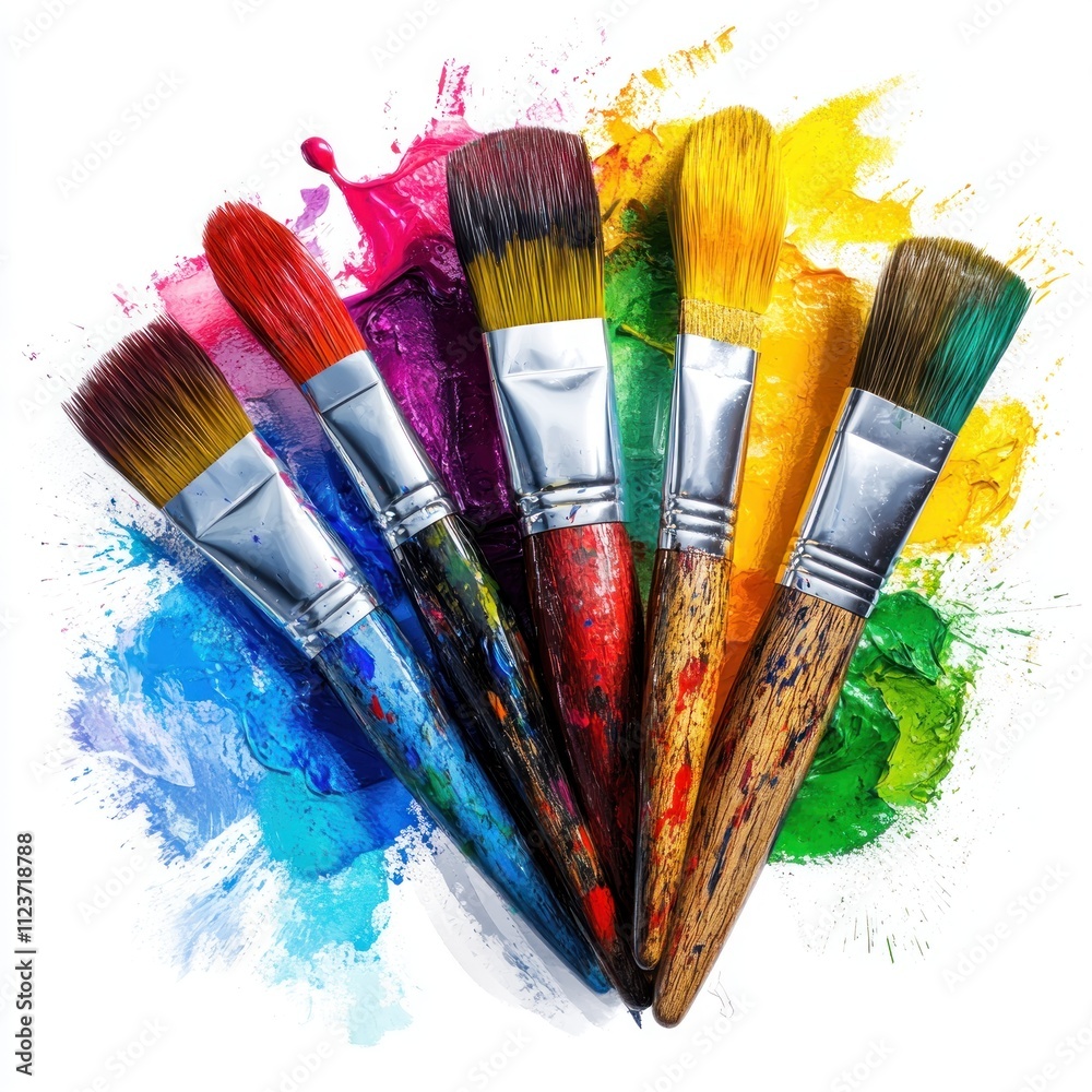 Fototapeta premium Colorful paintbrushes, vibrant paint splatters.