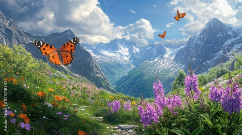 Susten Pass on Swiss Alps with wild flowers Alpine Sweetvetch (Hedysarum hedysaroides) (Rhododendron ferrugineum) and an swollow tail butterfly at the foreground in summer photo