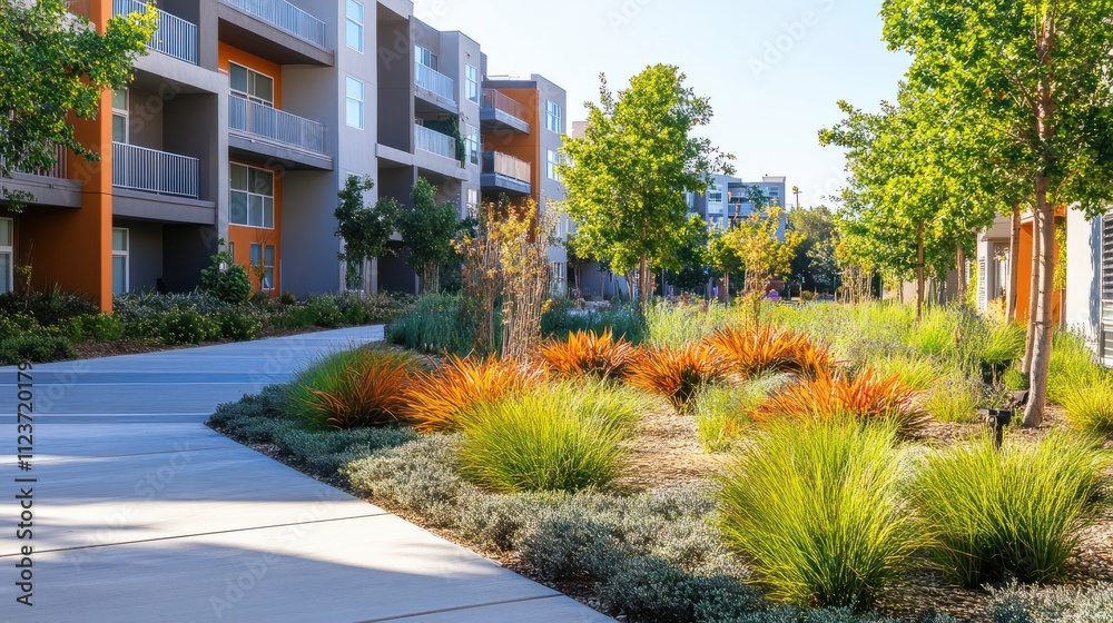 Fototapeta premium Urban modern apartment complex featuring contemporary landscape design. The residential building facade features waterwise landscaping with drought-resistant shrubs and trees.