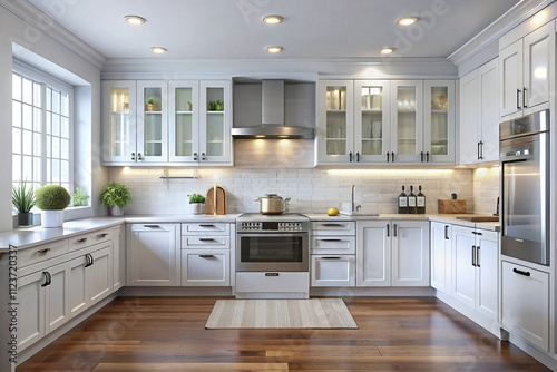 Modern white kitchen with stainless steel appliances, hardwood floors, and glass-front cabinets. (1)