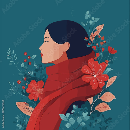 Serene Woman Profile with Red Scarf and Floral Frame photo