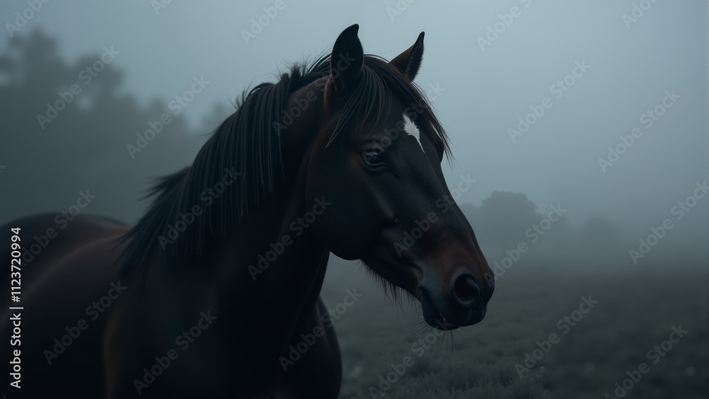 Obraz premium Mystical horse stands in the fog, capturing the essence of a quiet, enchanted morning