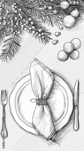 plate with napkin on minimalist scandinavian christmas table top view sketch.