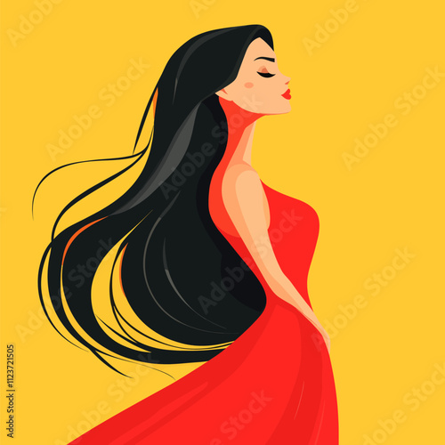 Elegant Woman with Flowing Black Hair in Red Dress