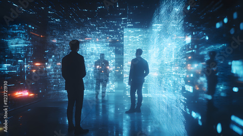 A team of hackers collaborating in a darkened space filled with holographic displays.