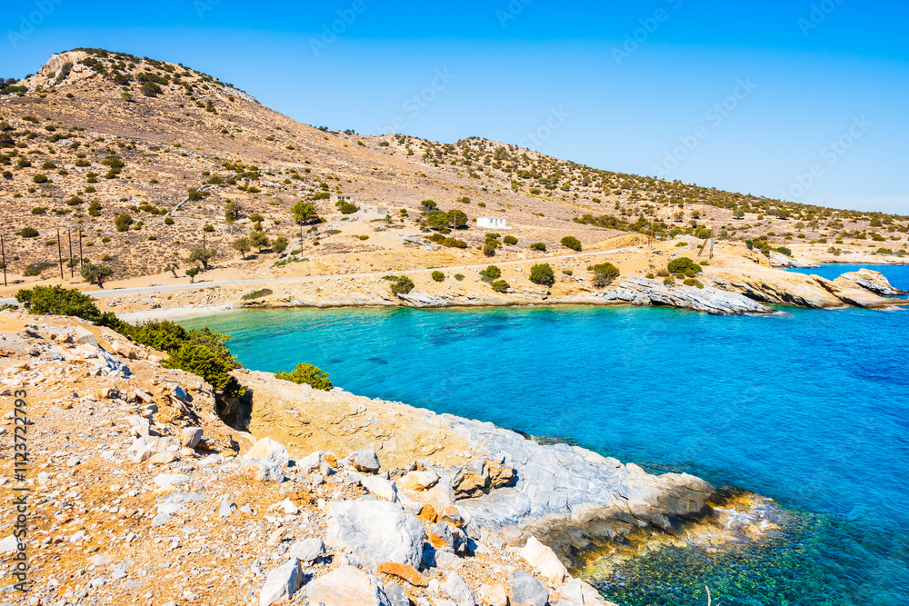 Beautiful sea coast with rocks and mountains, Naxos island, Cyclades, Greece