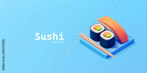 Set of sushi rolls with salmon on a board with sushi chopsticks, 3D. Realistic image for advertising delicious traditional Japanese food, discounts, and promotions. Vector illustration.