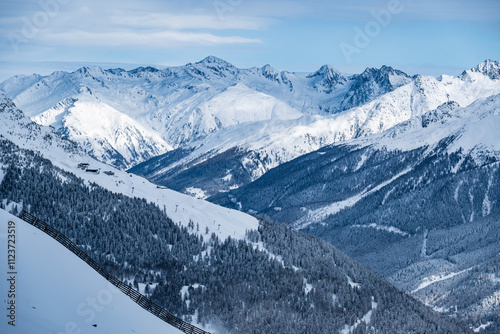 Winter snow landscape of a valley in the high alpine mountains of Switzerland