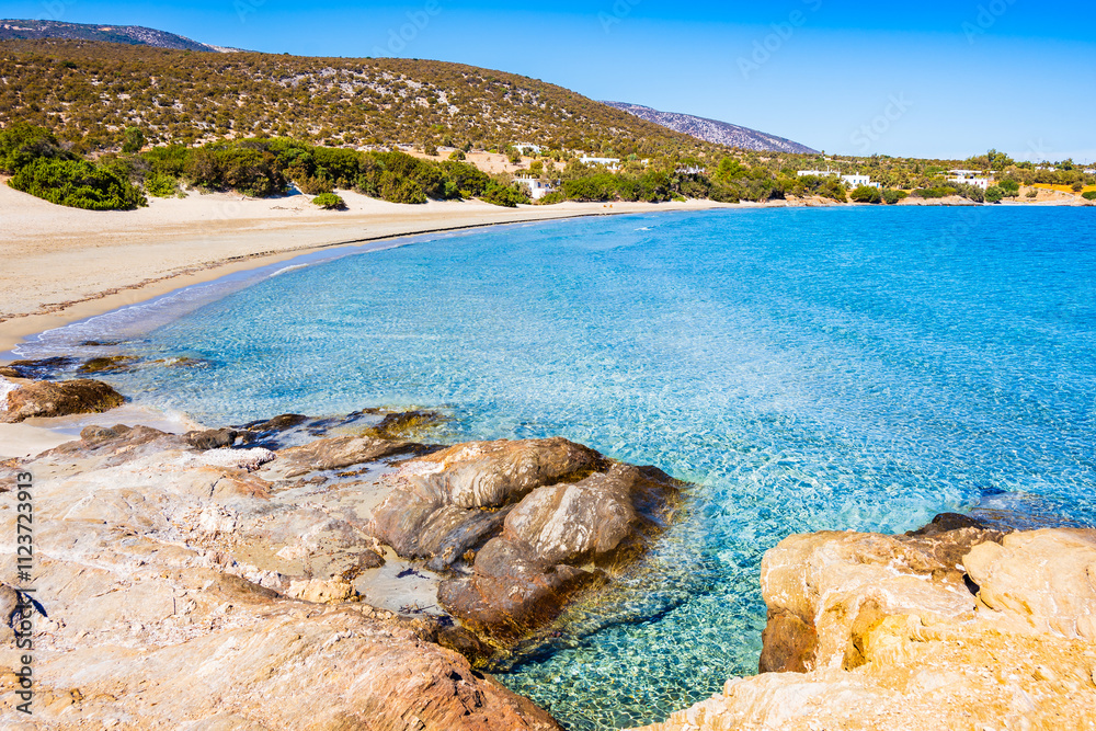 Beautiful sandy beach Psili Ammos with crystal clear azure sea water, Naxos island, Cyclades, Greece