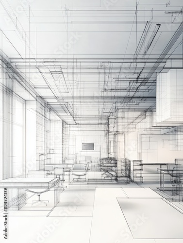 Bright office interior blueprint. Repairs and refurbishment concept. 3D Rendering photo