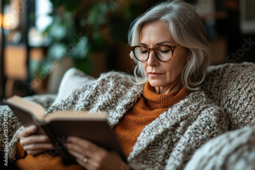 Middle aged woman reading book at home. Portrait of attractive woman on blurred interior background. Generated AI