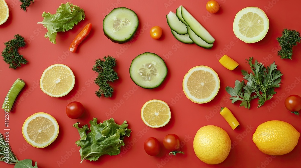 Flat lay of fresh vegetables and citrus fruits on red background. Flat lay of fresh vegetables and citrus fruits on red background.