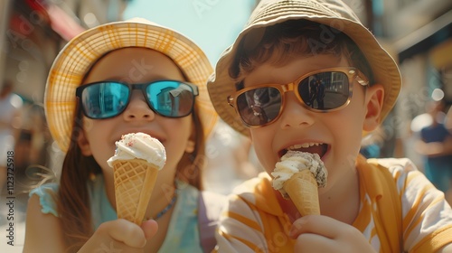 A photo of two children, one boy and the other girl, wearing sunglasses and summer hats, eating ice cream cones on an outdoor street, Generative AI